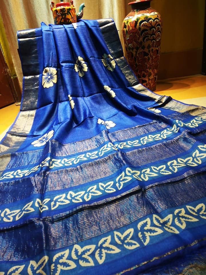 Blue Zari Block Printed  Zari Border Pure Silk Mark Certified Tussar Silk Sarees - Dailybuyys