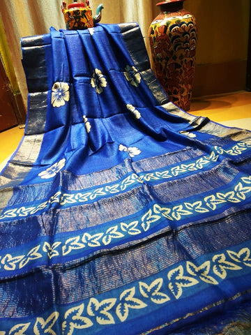 Blue Zari Block Printed  Zari Border Pure Silk Mark Certified Tussar Silk Sarees