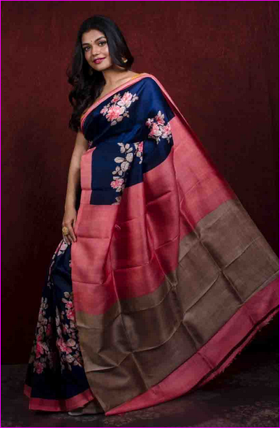 Blue Floral Silk Mark Certified Bishnupuri Silk Sarees