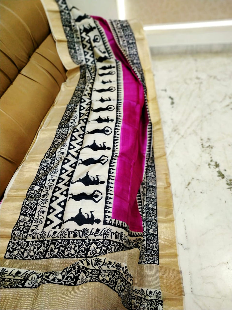 Busy Bees Pink Block Printed Zari Border Pure Silk Mark Certified Tussar Silk Sarees