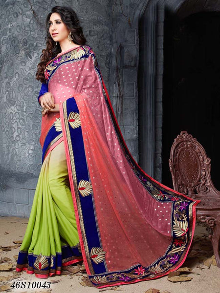 Pink Green & Beige Chinnon Party Wear Sarees