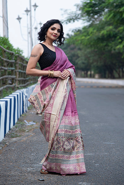 Beige Pink Block Printed Pure Silk Mark Certified Tussar Silk Sarees