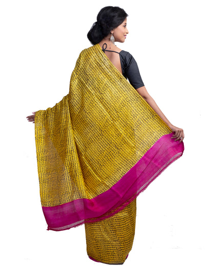 Yellow Block Printed Pure Silk Mark Certified Bishnupuri Silk Sarees