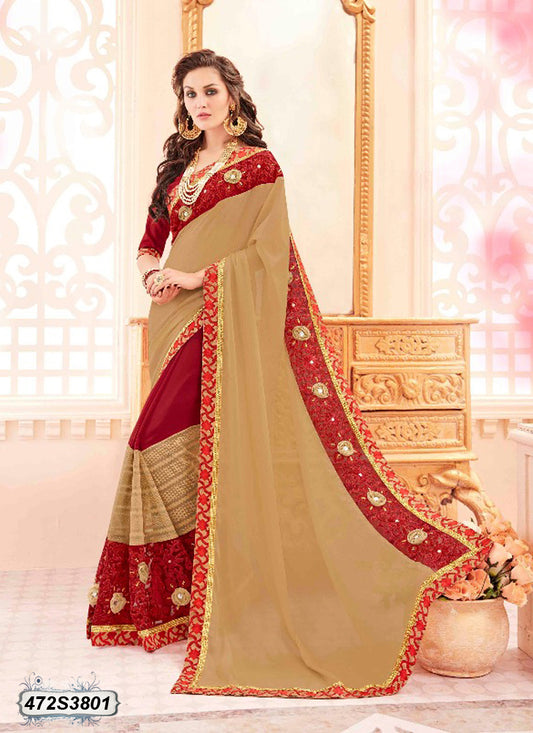 Maroon,Beige Georgette Sarees