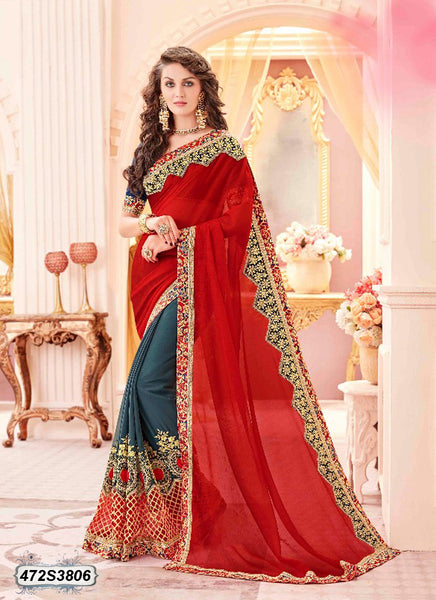 Red Grey Georgette Sarees