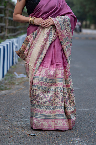 Beige Pink Block Printed Pure Silk Mark Certified Tussar Silk Sarees