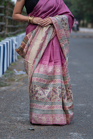 Beige Pink Block Printed Pure Silk Mark Certified Tussar Silk Sarees