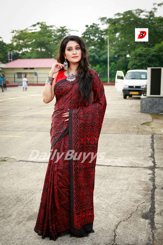 Maroon Black Block Printed Pure Silk Mark Certified Bishnupuri Silk Sarees