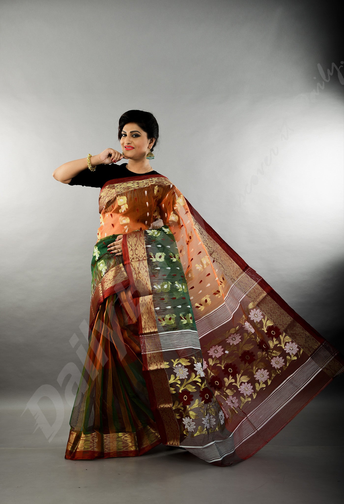 Red Green Golden Dhakai Jamdani Sarees