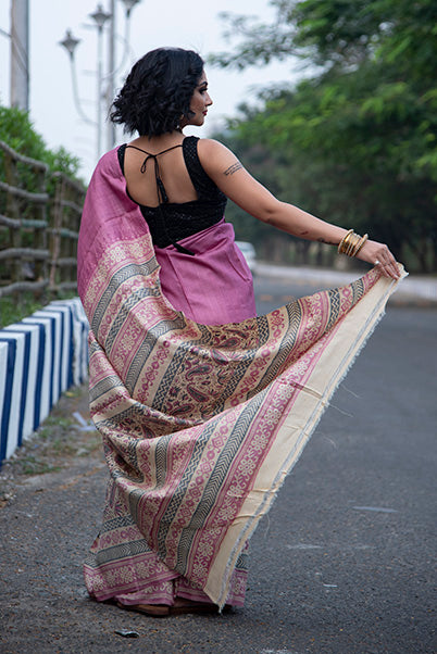 Tie Dye Beige Pink Block Printed Pure Silk Mark Certified Bishnupuri Silk Sarees