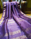 Purple Check Pure Linen Sarees