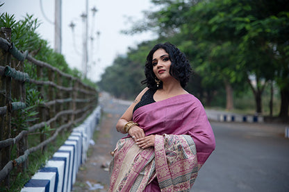 Beige Pink Block Printed Pure Silk Mark Certified Tussar Silk Sarees