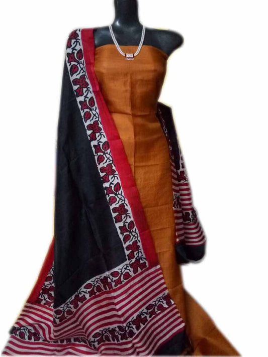 Handpicked Mustard Yellow & Black Block Printed Design Pure Silk Top & Dupatta