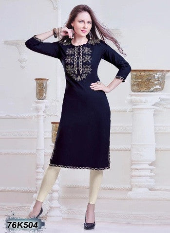 New Navy Blue Design Rayon Embroidery Stitched Kurtis - Dailybuyys