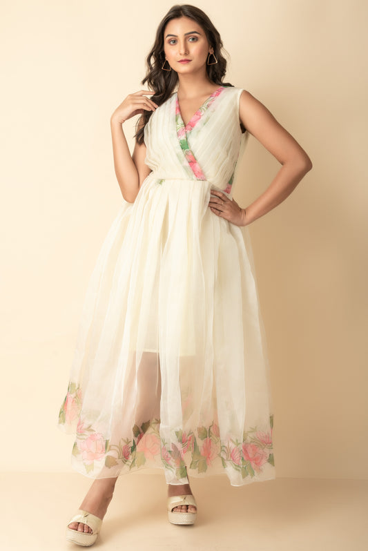 Pale Yellow Organza midi Indo Western wear dress