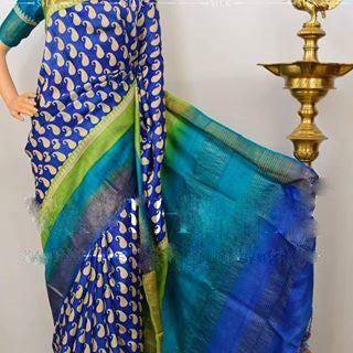 Blue Zari  Block Printed Zari Border Pure Silk Mark Certified Tussar Silk Sarees - Dailybuyys