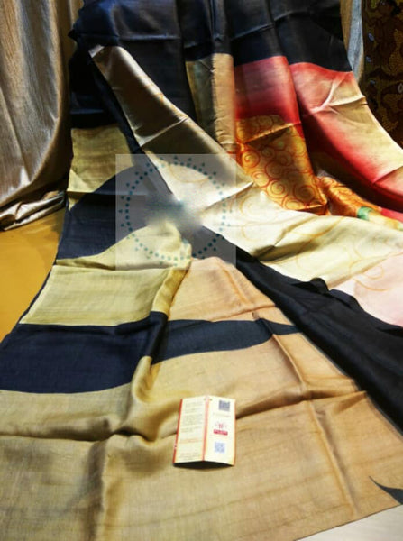 Beige Black  Block Printed Zari Border Pure Silk Mark Certified Tussar Silk Sarees