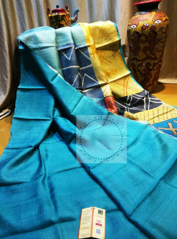 Blue  Block Printed Zari Border Pure Silk Mark Certified Tussar Silk Sarees