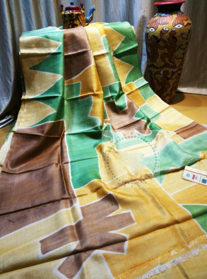 Beige Yellow Hand Painted  Zari Border Pure Silk Mark Certified Tussar Silk Sarees