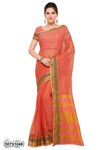 Orange,Peach Poly Silk Sarees