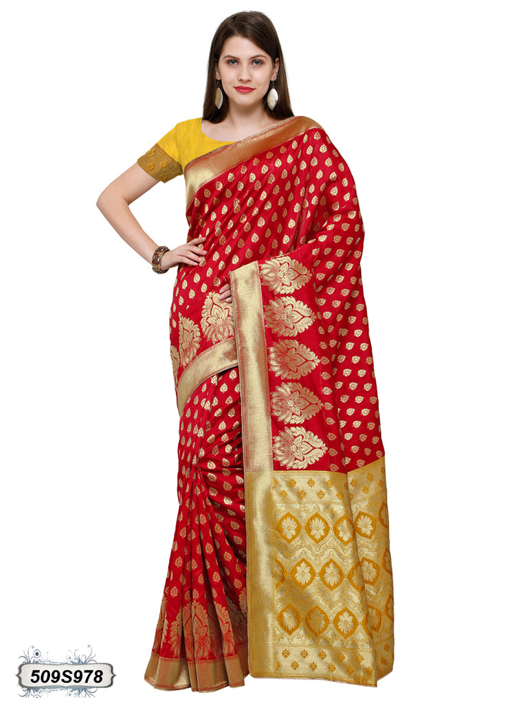 Red,Yellow Poly Silk Sarees