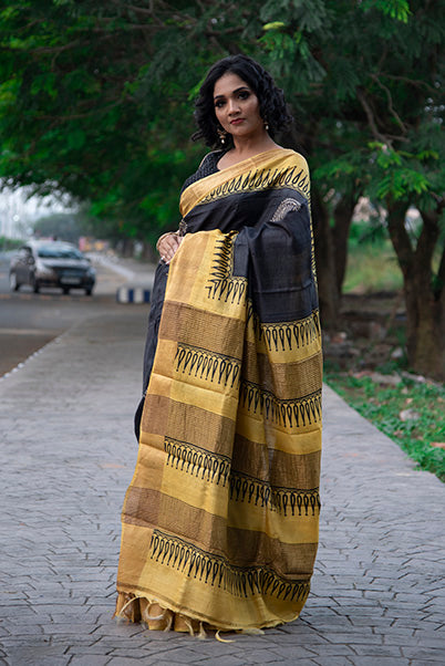 Black Yellow Block Printed Zari Border Pure Silk Mark Certified Tussar Silk Sarees - Dailybuyys