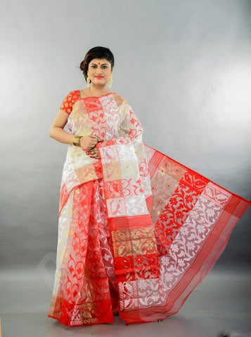 Red White Dhakai Jamdani Sarees