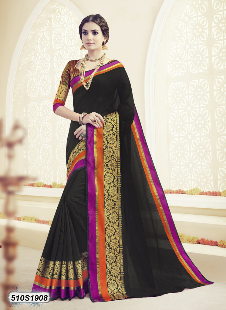 Maroon Black Poly Pure Cotton Sarees