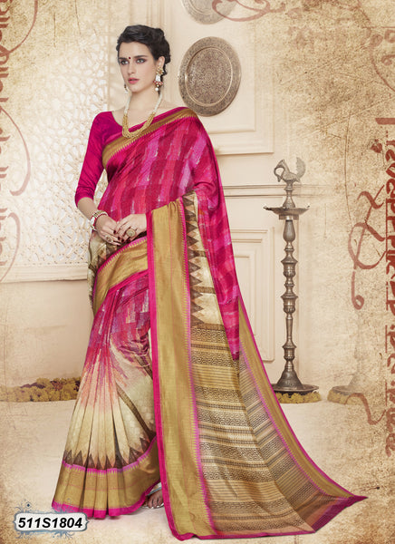Pink,Beige Poly Pure Cotton Sarees
