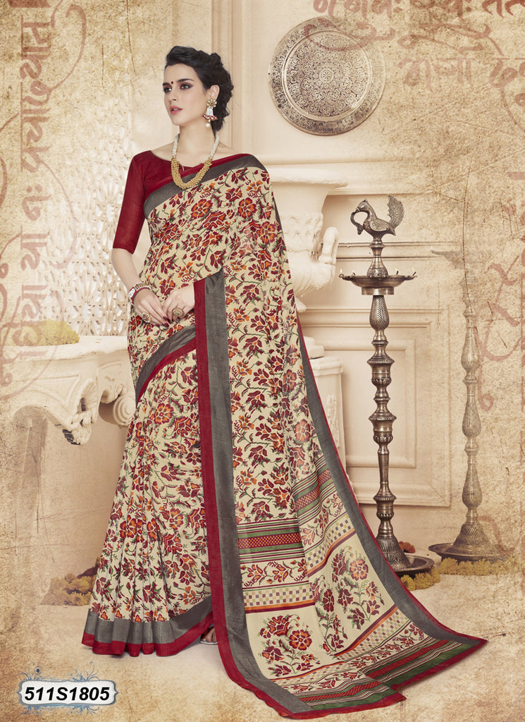 Beige,Maroon Poly Pure Cotton Sarees