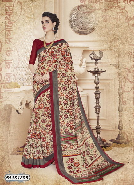 Beige,Maroon Poly Pure Cotton Sarees