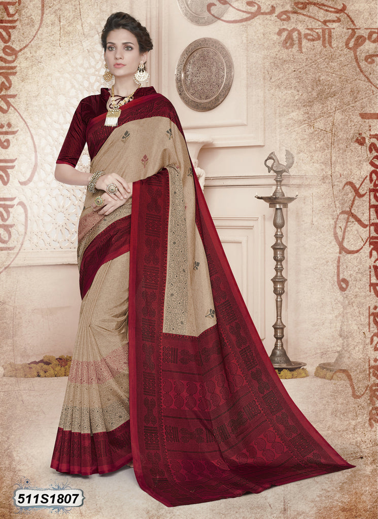 Beige,Maroon Poly Pure Cotton Sarees