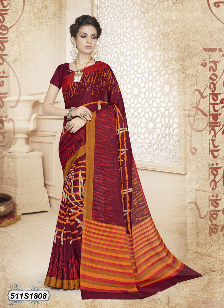 Maroon,Yellow Poly Pure Cotton Sarees