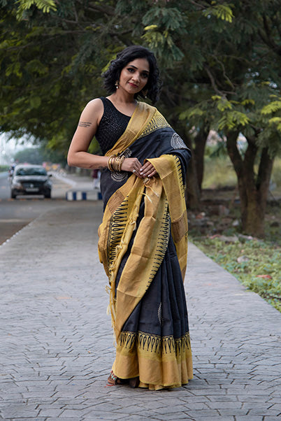 Black Yellow Block Printed Zari Border Pure Silk Mark Certified Tussar Silk Sarees - Dailybuyys