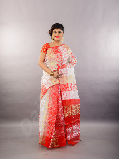 Red White Dhakai Jamdani Sarees