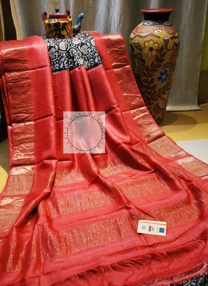 Red Zari Block Printed Zari Border Pure Silk Mark Certified Tussar Silk Sarees Get Extra 10% Discount on All Prepaid Transaction