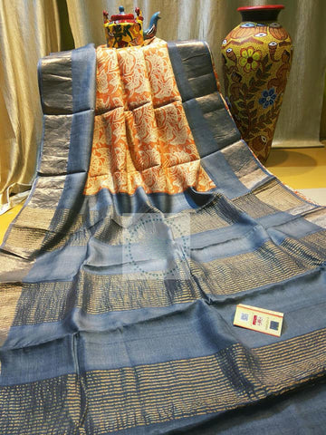 Grey Beige Zari  Block Printed Zari Border Pure Silk Mark Certified Tussar Silk Sarees