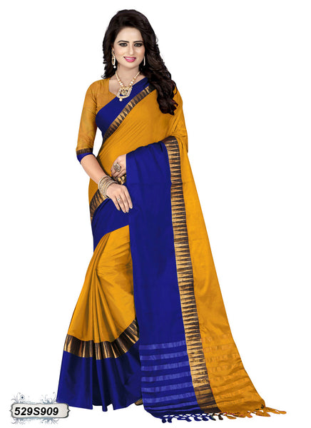 Yellow,Blue Poly Silk Sarees