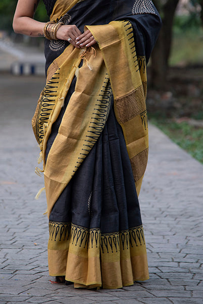 Black Yellow Block Printed Zari Border Pure Silk Mark Certified Tussar Silk Sarees - Dailybuyys