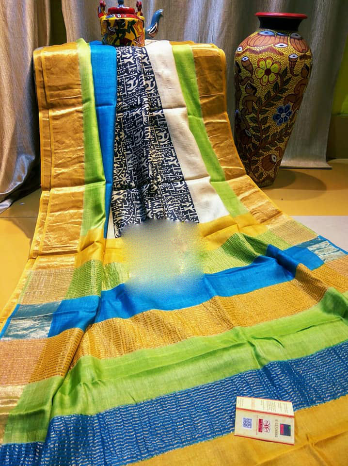 Yellow Blue Zari  Block Printed Zari Border Pure Silk Mark Certified Tussar Silk Sarees - Dailybuyys
