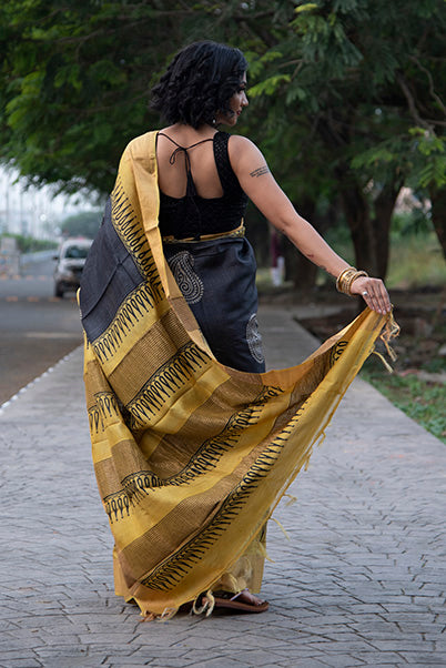 Black Yellow Block Printed Zari Border Pure Silk Mark Certified Tussar Silk Sarees - Dailybuyys