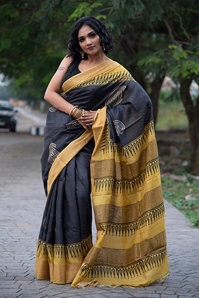 Black Yellow Block Printed Zari Border Pure Silk Mark Certified Tussar Silk Sarees - Dailybuyys