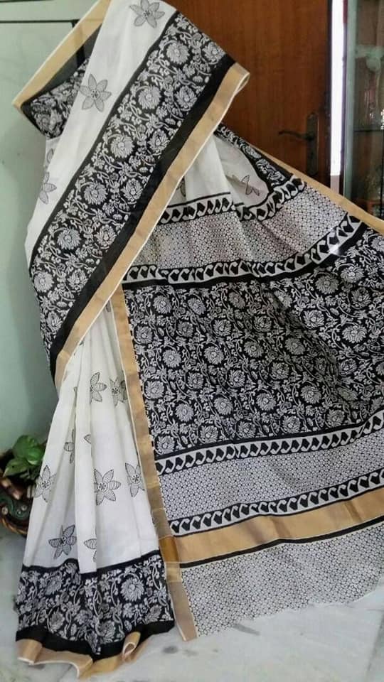 Beige Black Kerala Pure Cotton Sarees - Dailybuyys