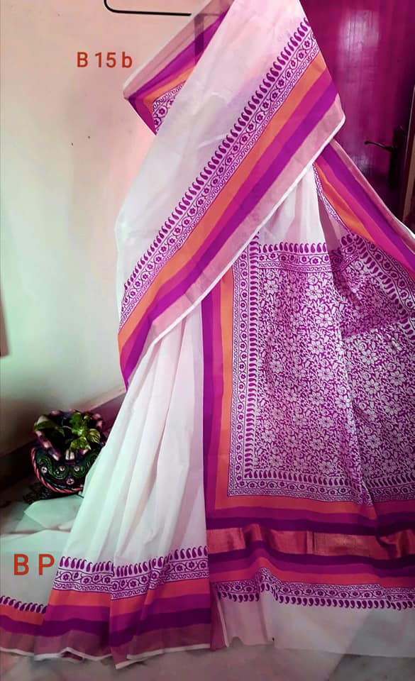 Beige Purple Kerala Pure Cotton Sarees