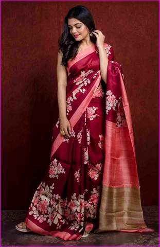 Maroon Floral Silk Mark Certified Bishnupuri Silk Sarees