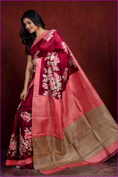 Maroon Floral Silk Mark Certified Bishnupuri Silk Sarees