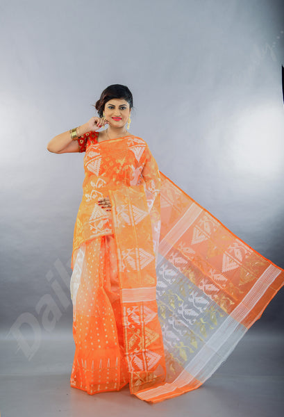 Orange White Dhakai Jamdani Sarees – Dailybuyys