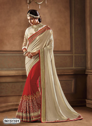 Beige Red Georgette Sarees