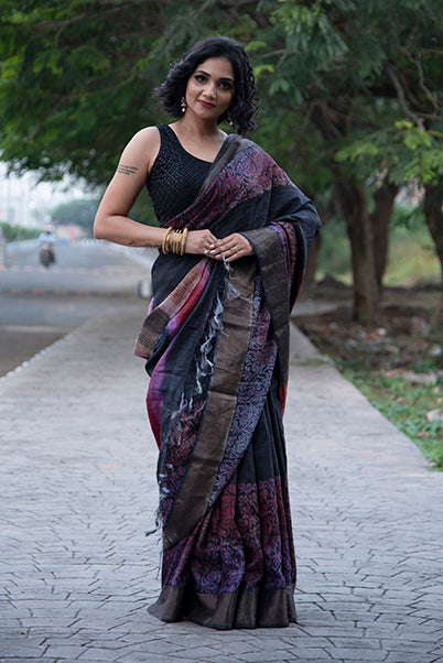 Black Block Printed Zari Border Pure Silk Mark Certified Tussar Silk Sarees