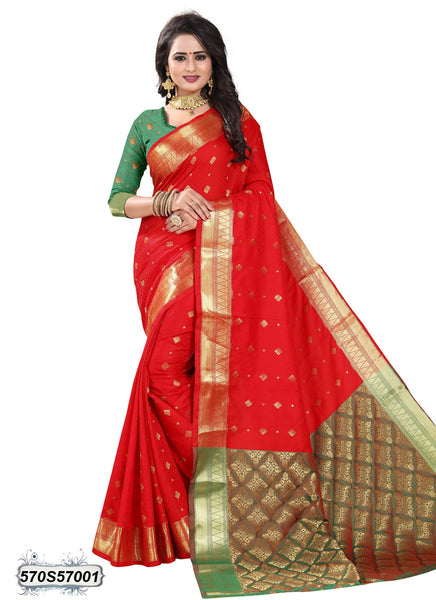 Red, Cream Poly Silk Sarees